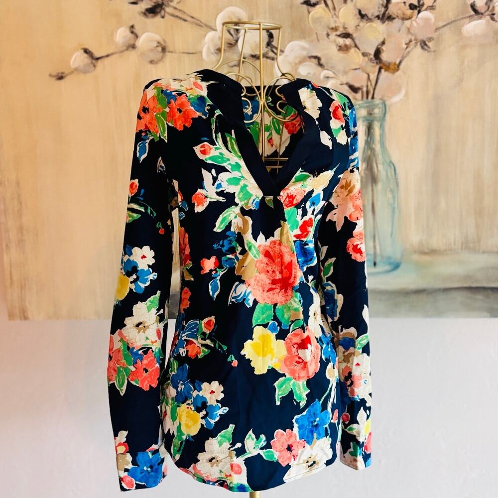 Lauren Ralph Lauren Floral Blouse Small Navy Watercolor Long Sleeve V Neck Top